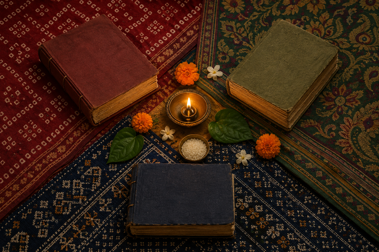 Three blank handmade almanac books rest on Gujarati, Marathi, and Kannada-inspired textiles around a central brass lamp.