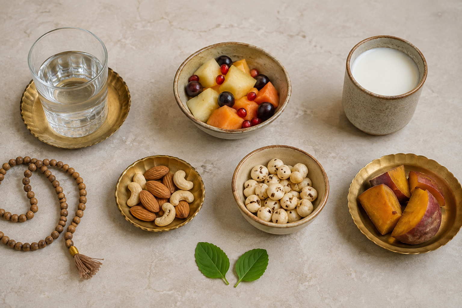 An overhead arrangement of water, fruit, milk, nuts, roasted lotus seeds, cooked sweet potato, prayer beads, and tulsi leaves in simple vessels.