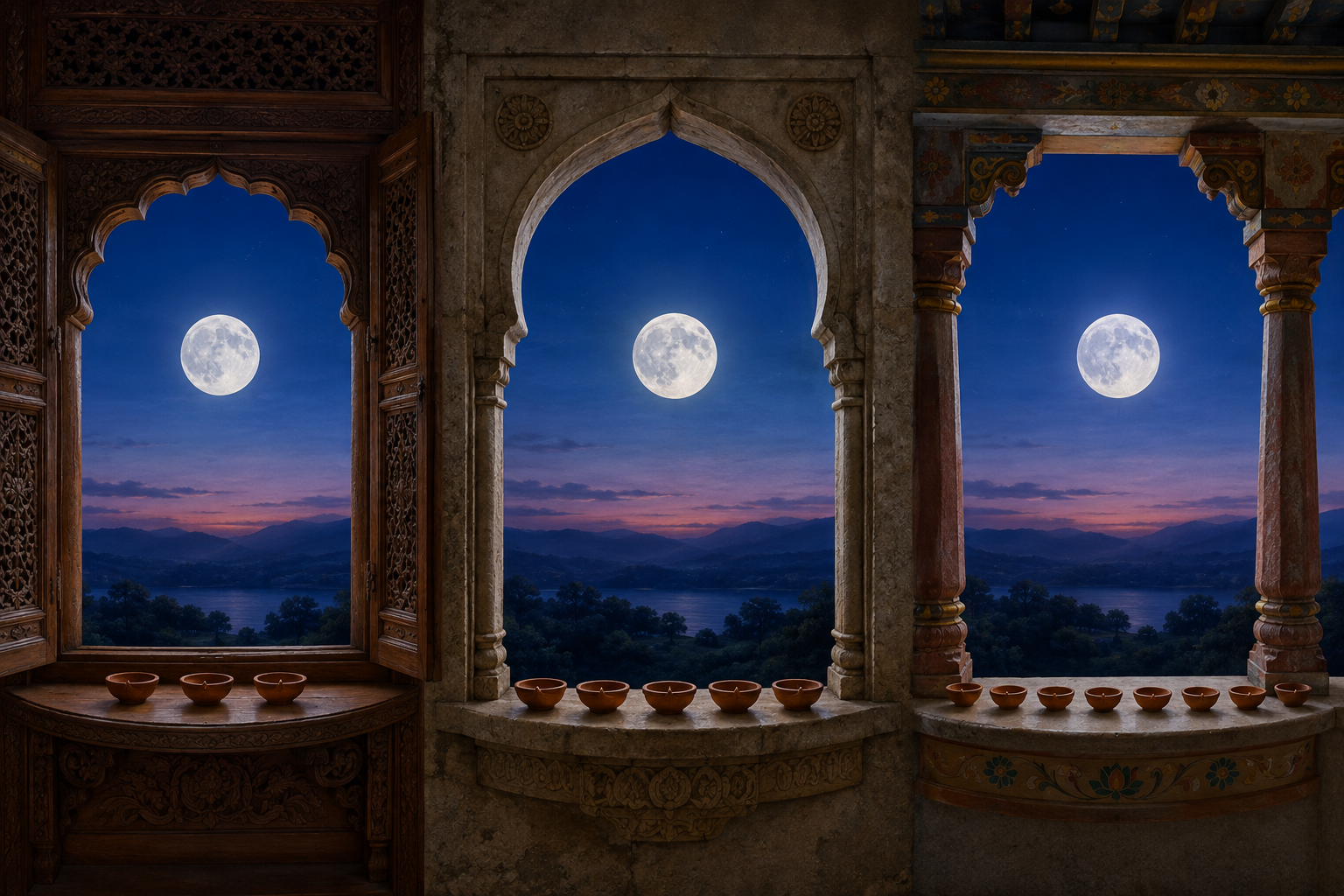 The same full moon appears through three different regional architectural openings with varying rows of clay lamps.