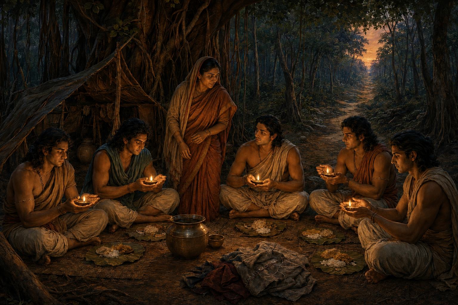 Kunti and the five Pandava brothers protect five oil lamps from the wind beneath a banyan tree beside a modest forest dwelling.