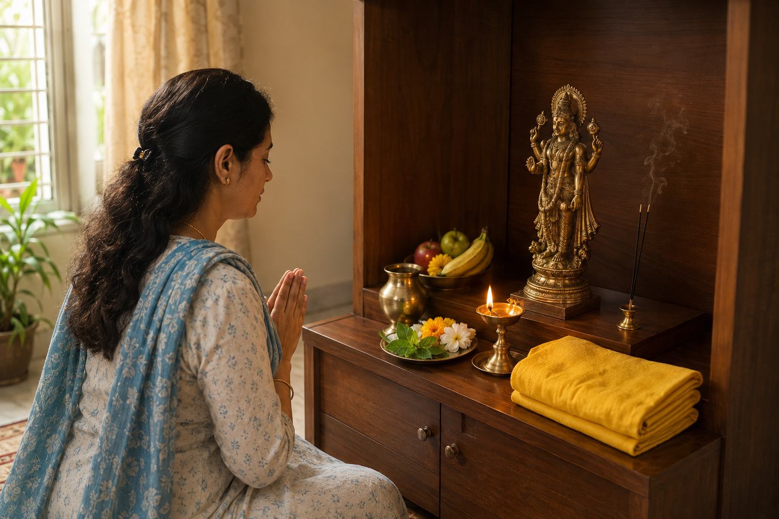 A devotee prays before a simple home altar with a brass Vishnu murti, oil lamp, water vessel, flowers, tulsi leaves, fruit, and folded cloth.