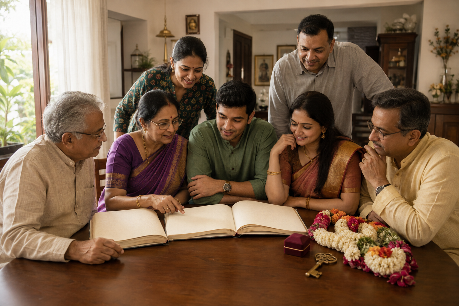 A multigenerational Indian family compares three blank almanacs beside wedding garlands, a ring box, and a brass house key.