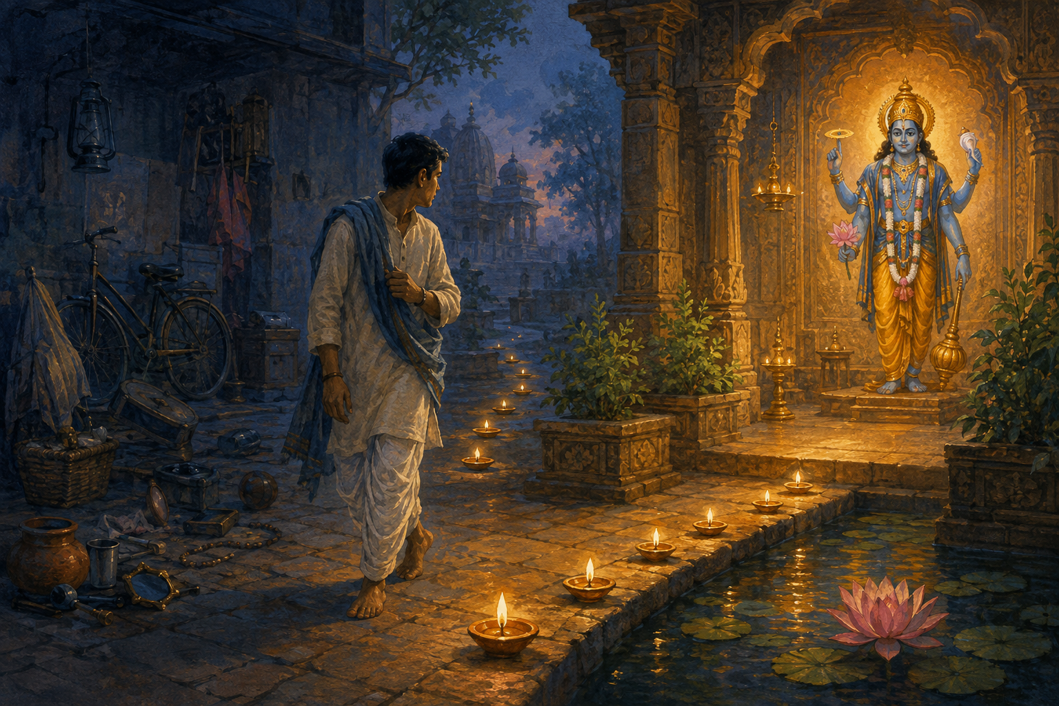 A devotee turns from a shadowed passage toward a lamp-lit Vishnu shrine, following a curved path of oil lamps beside an opening lotus.