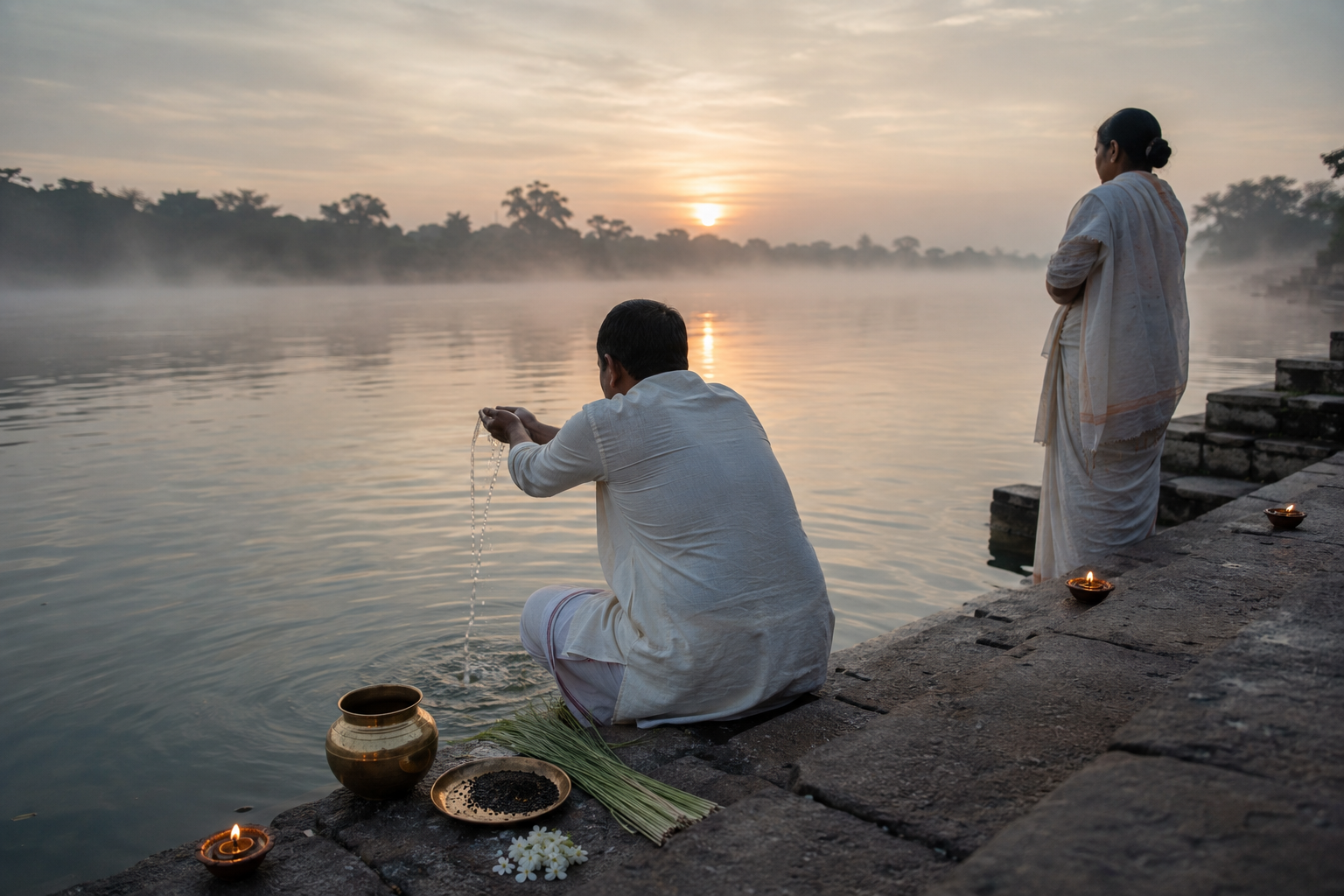 Two devotees perform a quiet ancestral remembrance offering with water, sesame seeds, kusa grass, and flowers beside a river at dawn.