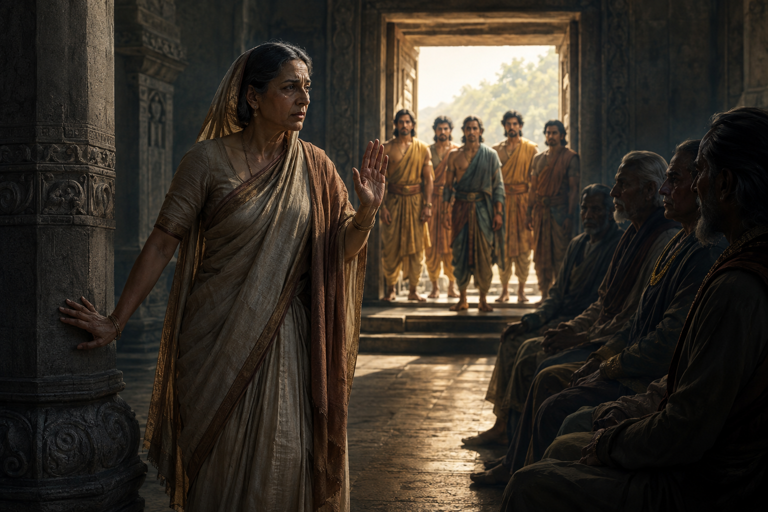 Kunti raises one hand firmly before shadowed palace elders as sunlight falls through an open doorway onto her five sons behind her.