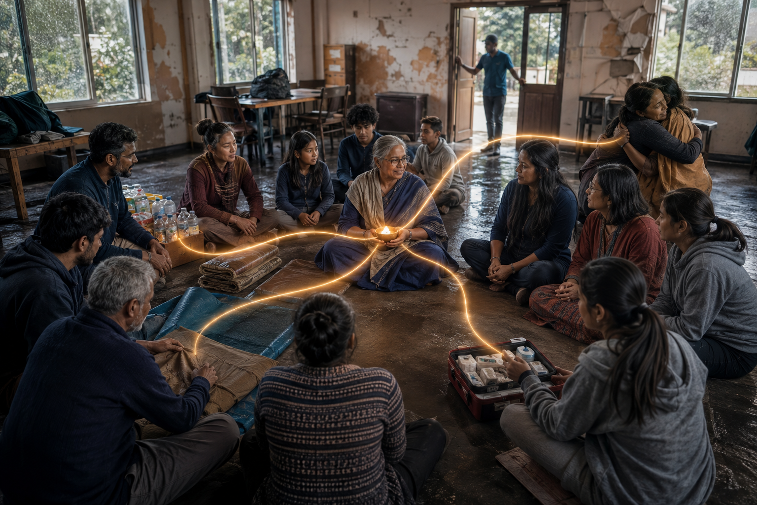A multigenerational group organizes supplies in a storm-damaged community hall while an older Indian woman listens at the center with a small lamp.