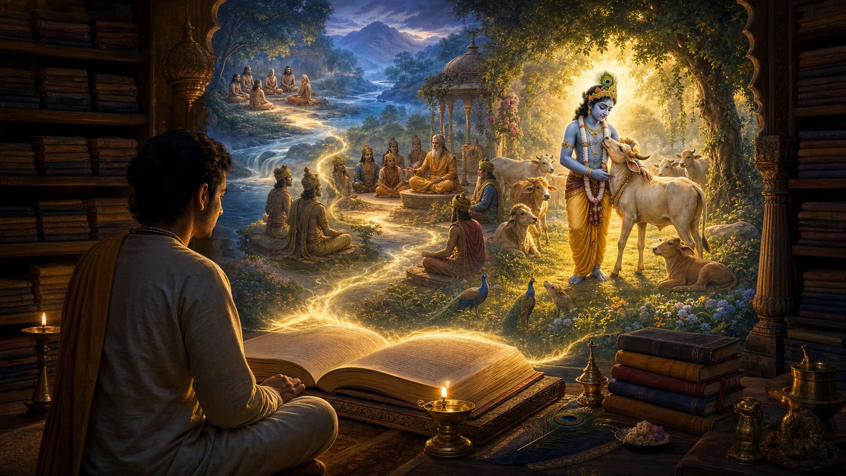 A reader studies in a temple library as connected scenes of sages, royal listeners, and Krishna in Vrindavan unfold from an open book.
