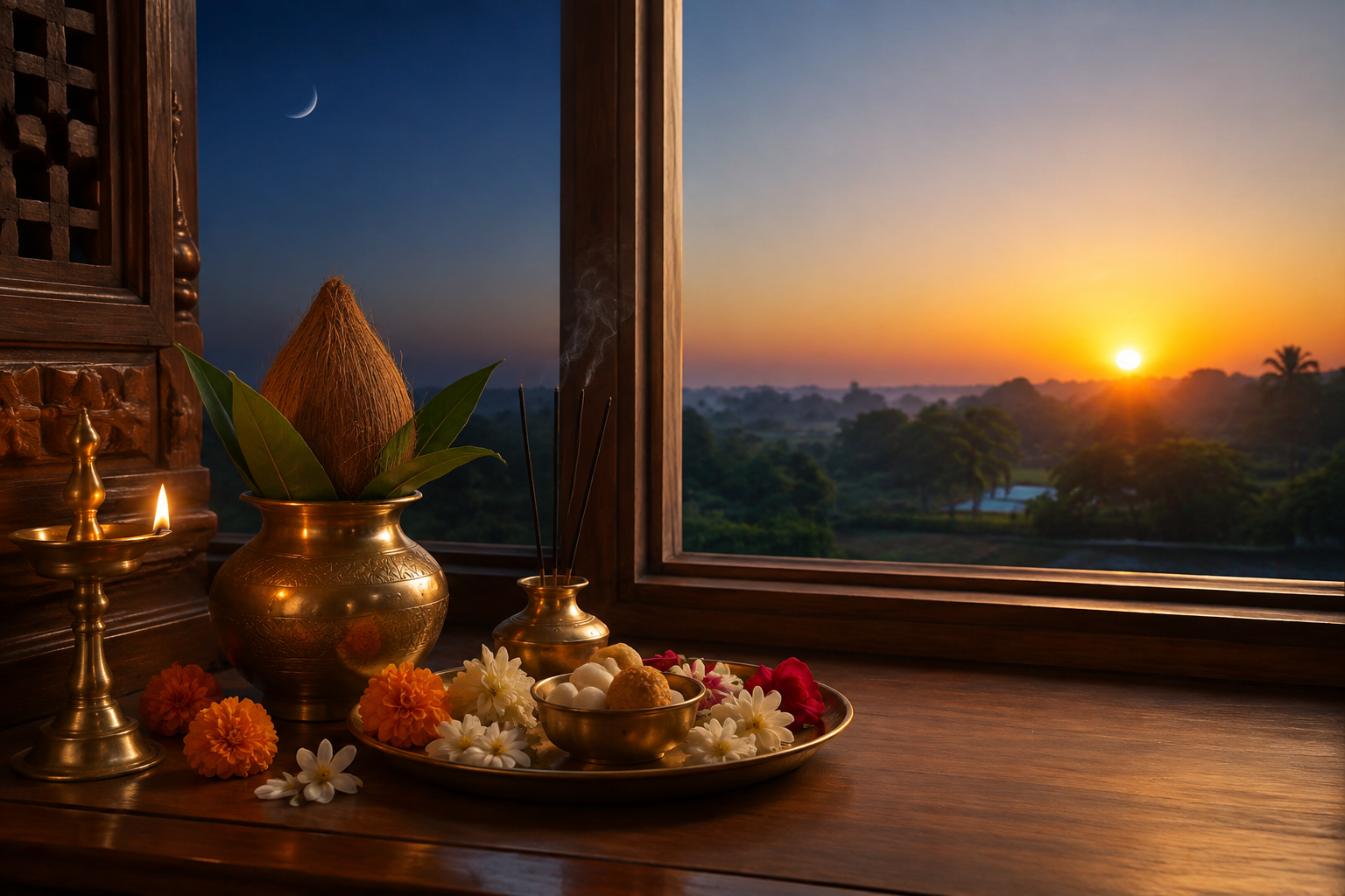 A dawn puja arrangement with a brass lamp, kalash, flowers, incense, and offerings beside a window under a slender crescent moon.