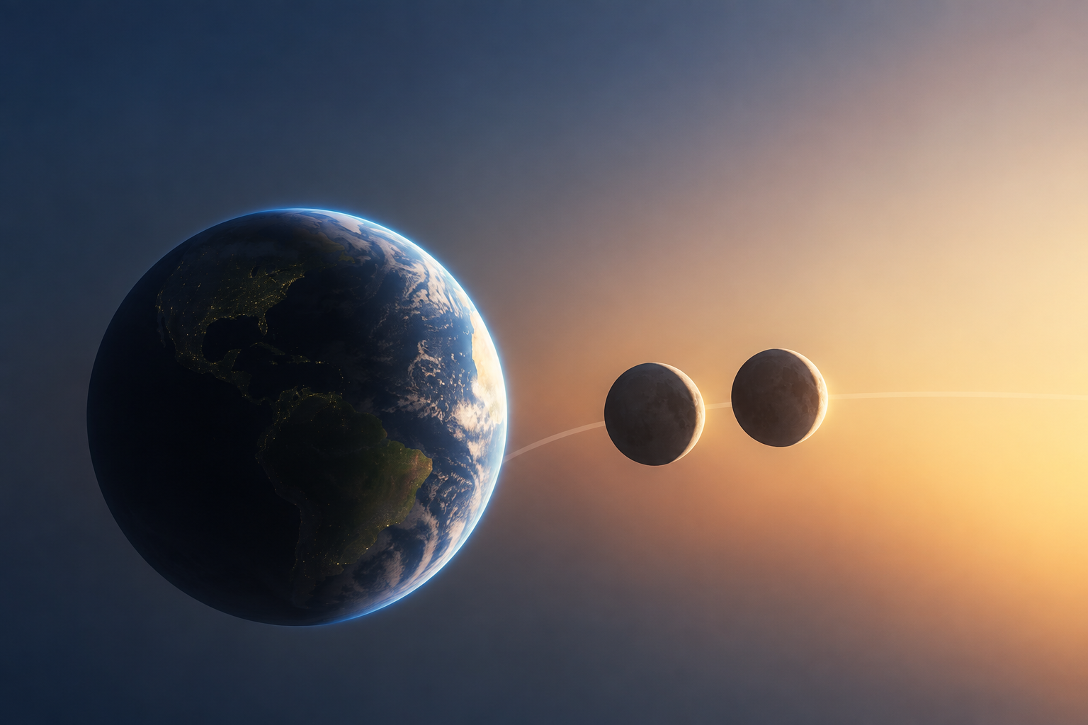 An astronomical illustration of the Moon in two nearby orbital positions around Earth, lit from one side by the Sun.