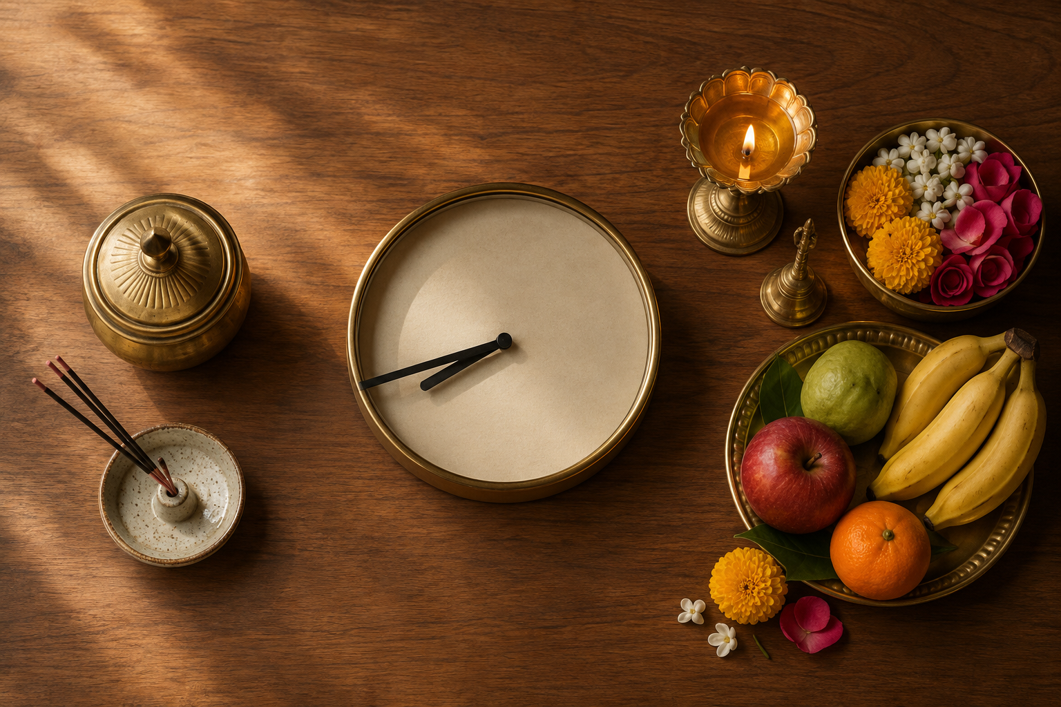 An unnumbered analog clock set near 7:41 between a waiting puja arrangement and a lit morning offering setup.