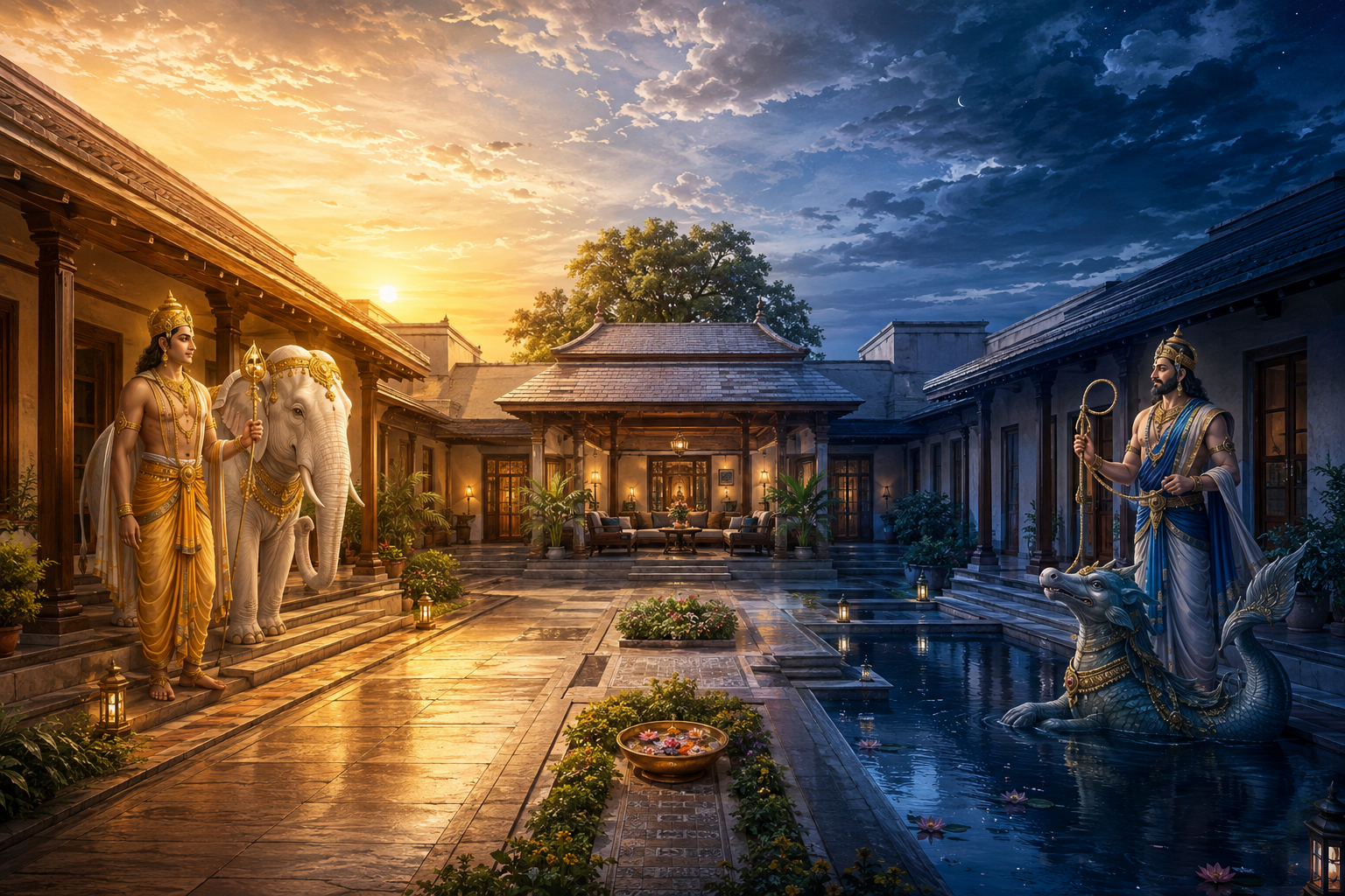 An east-west courtyard axis with Indra and a white elephant in the dawn-lit east and Varuna beside water and a makara in the evening-lit west.