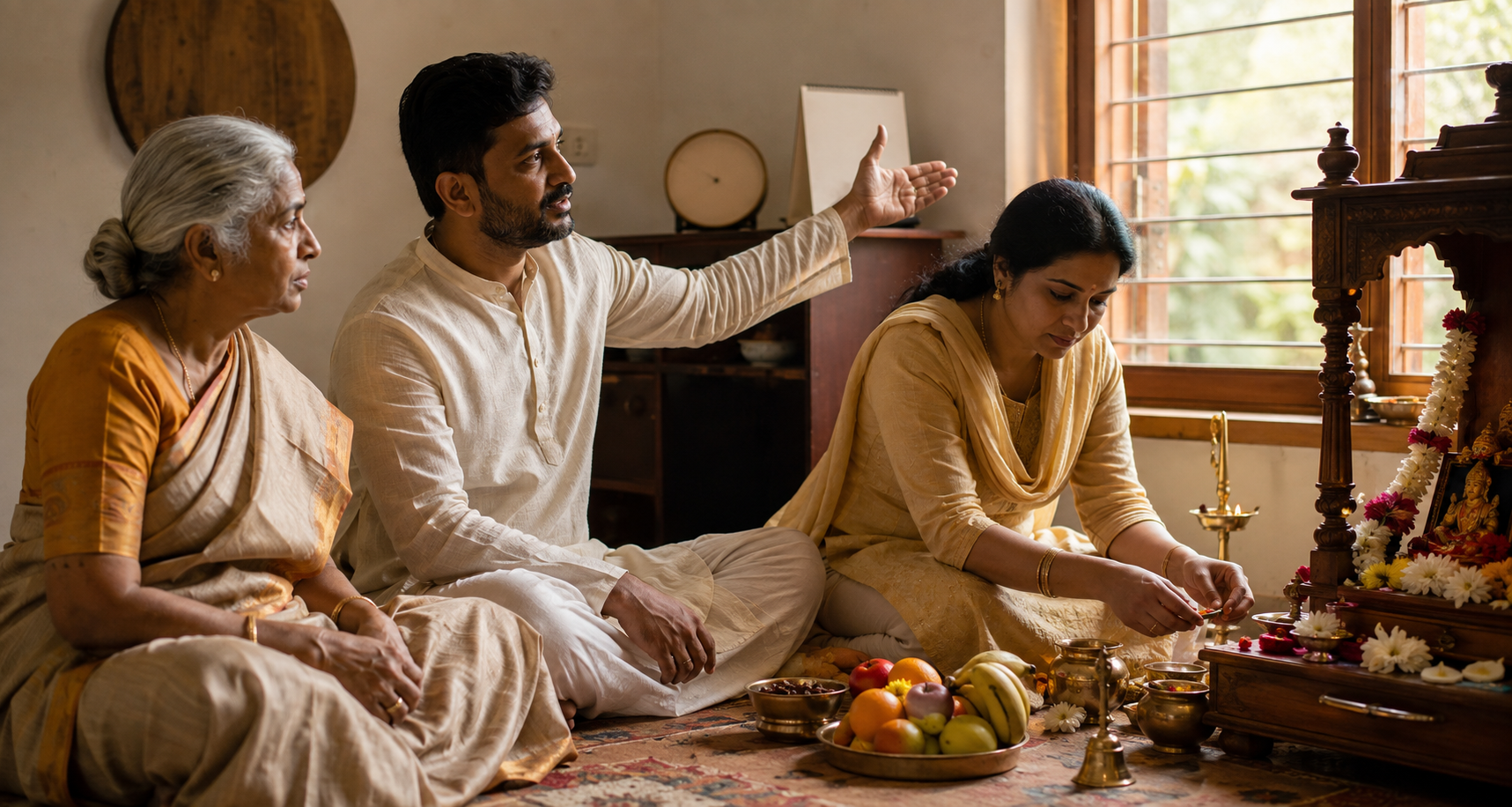 A multigenerational Hindu family discusses preparations beside a home altar with flowers, fruit, a brass lamp, and an unmarked clock.