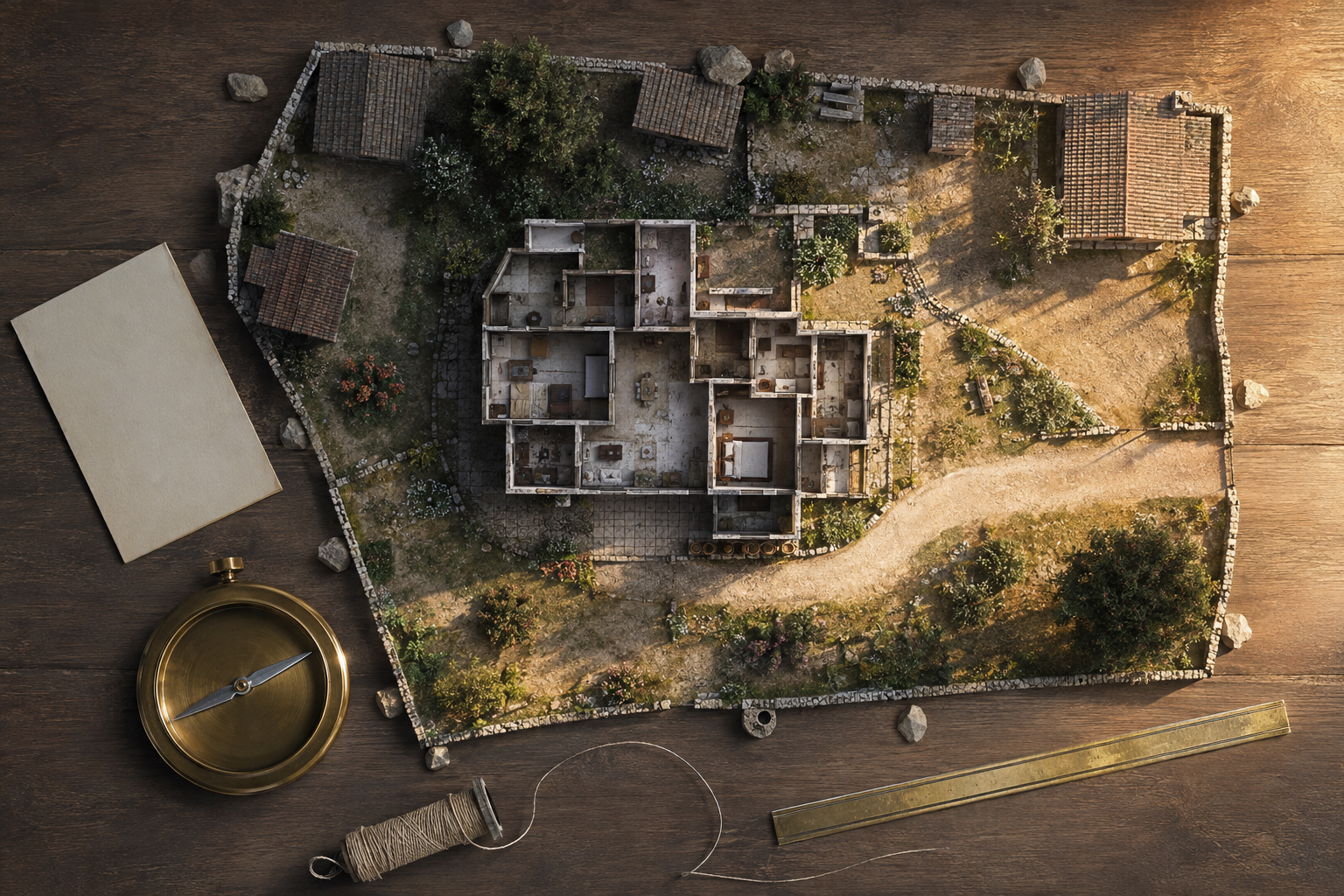 A top-down view of a house and property being oriented with a brass compass, survey string, straightedge, and blank site sketch.