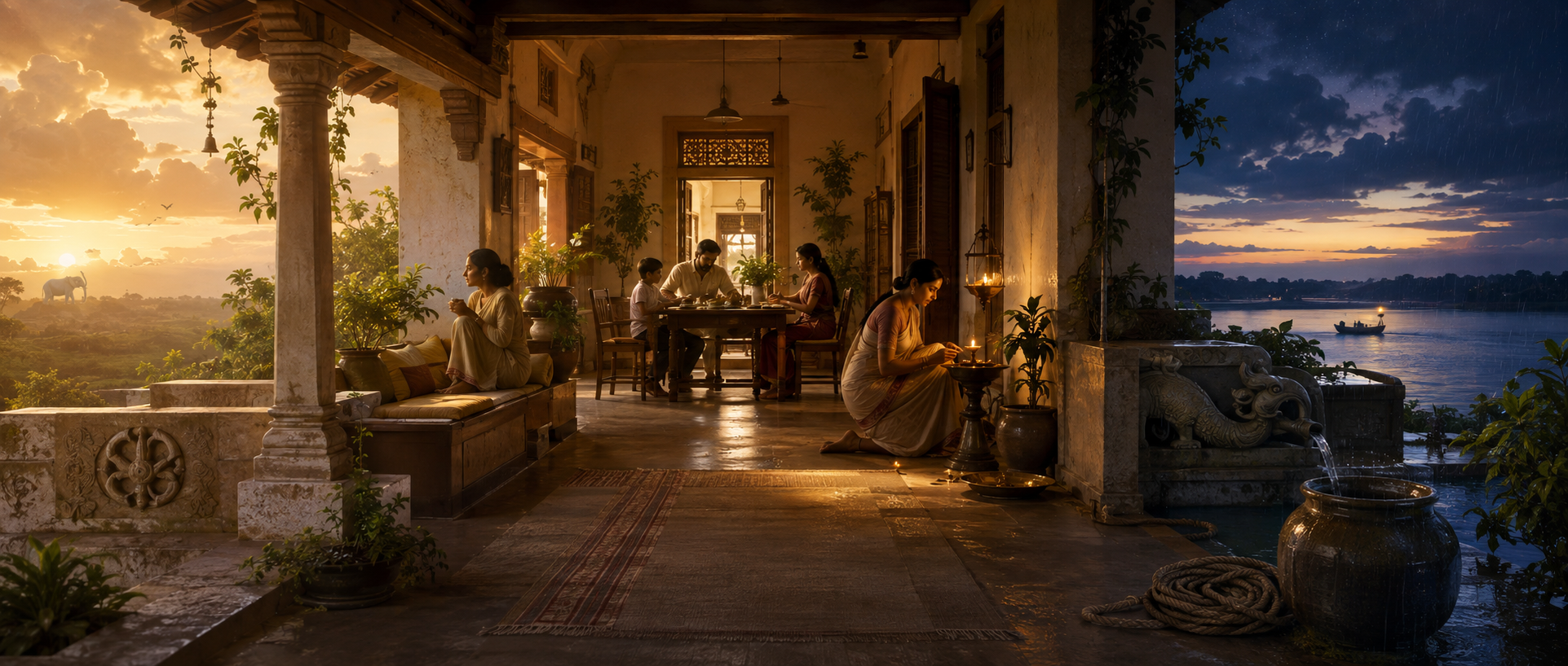 A continuous household passage links a bright eastern veranda with Indra symbols to a water-facing western terrace with Varuna symbols.