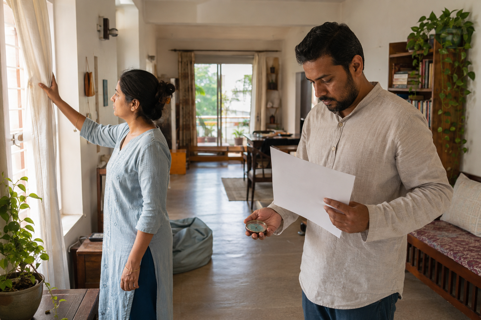 Two residents use a compass and blank floor plan to observe the east-west line, daylight, and arrangement of their lived-in home.