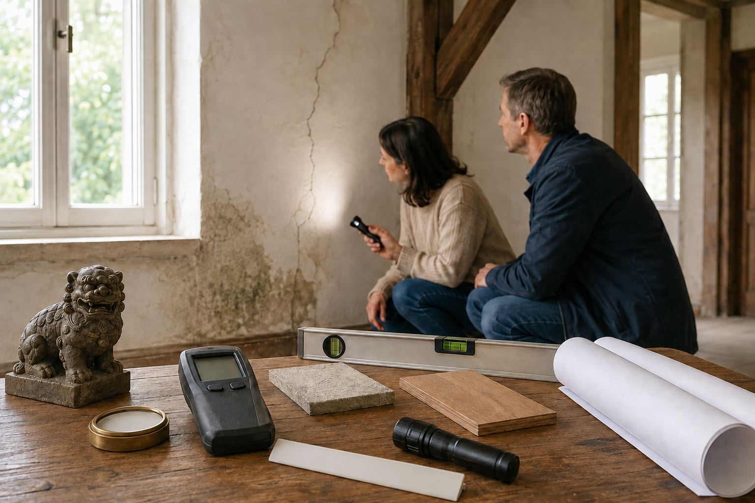 A resident and building professional inspect a wall and beam with measuring tools while a compass and guardian sculpture remain to the side.