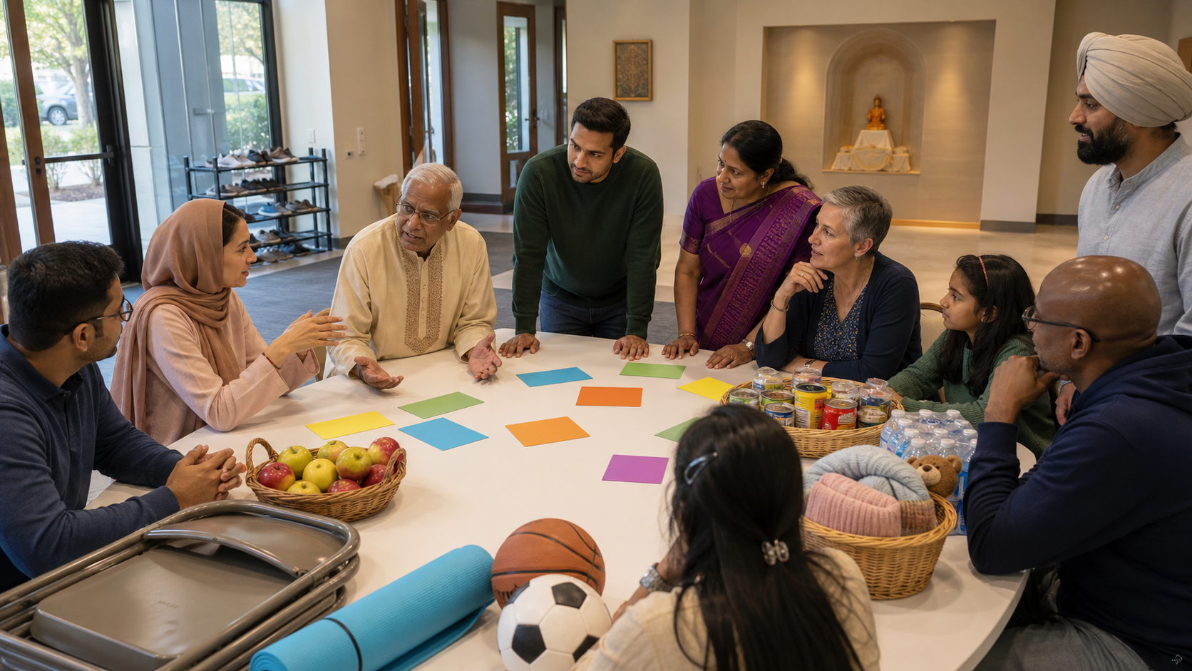 Hindu and non-Hindu neighbors plan community meals, youth activities, and support projects around a table in an American cultural center.