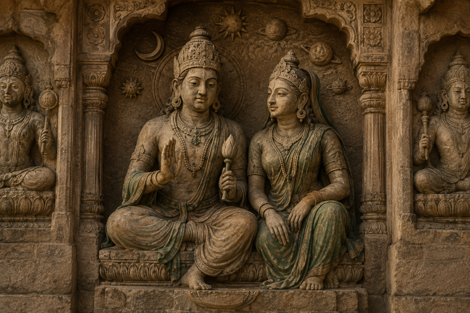 Carved temple figures of Budha and Ila seated together in a shrine niche, with planetary figures and celestial motifs around them.