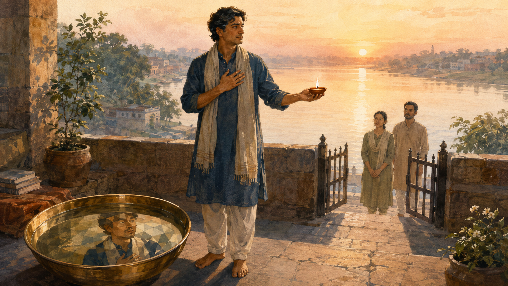 An Indian adult holds a clay lamp on a riverside veranda beside an open gate, with waiting people beyond and a clear reflection in a brass basin.