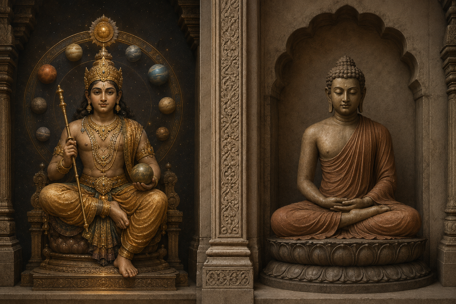 Two distinct sacred sculptures shown side by side: a crowned Hindu planetary deity and a simply robed meditating Buddha figure.