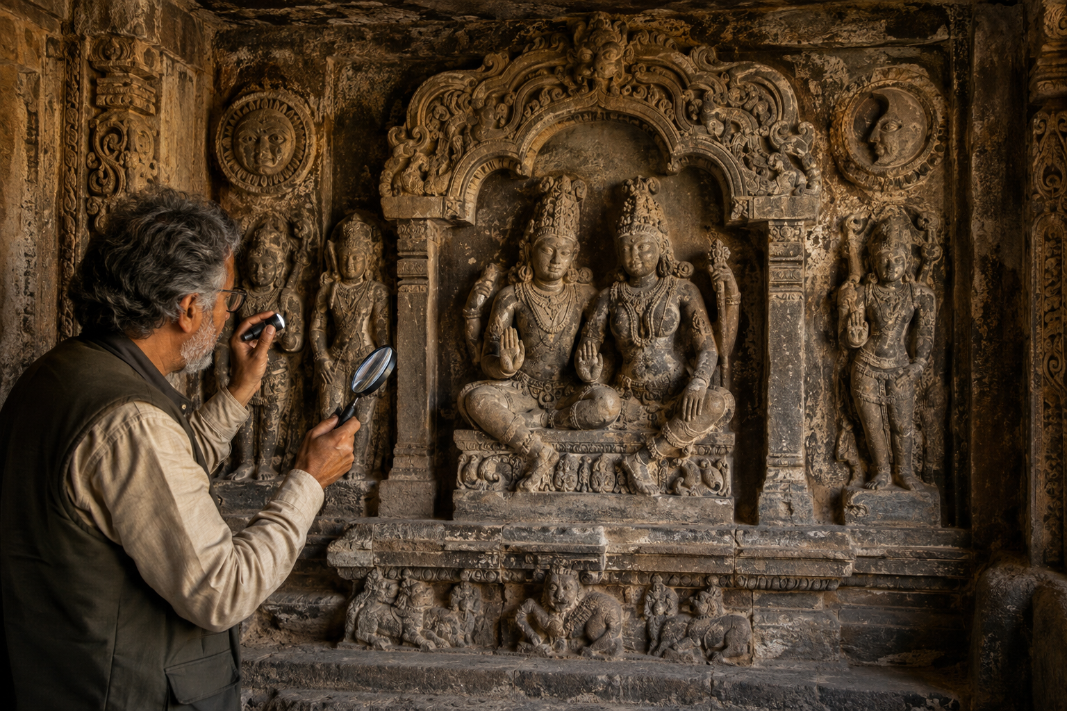 A researcher studies a weathered temple panel of a divine couple together with the surrounding planetary figures, gestures, and pedestal details.
