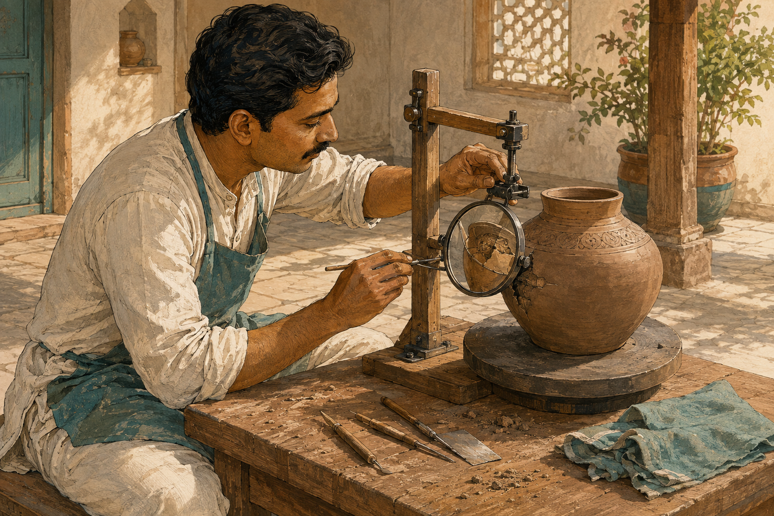 An Indian artisan uses a small mirror to inspect a clay vessel from a hidden angle at a courtyard workbench.