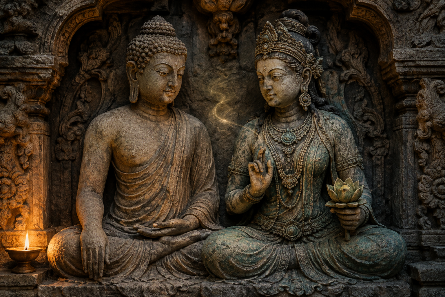 Ila and Budha sit as equally prominent temple figures, with Ila holding a lotus and raising one hand in a gesture of insight.