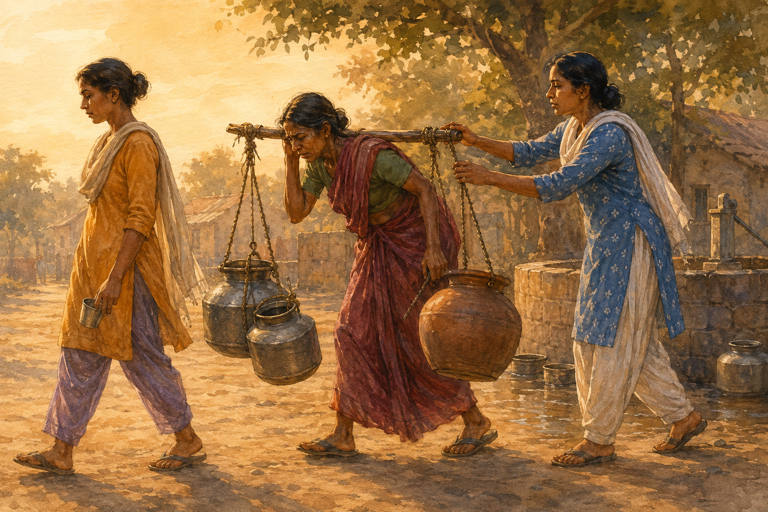 At a village water point, one person leaves with a small cup while another carries several heavy vessels and a third moves to help.