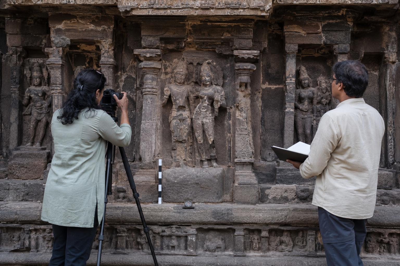 A conservator photographs and examines a weathered divine pair within its full temple-wall context while recording scale and orientation.