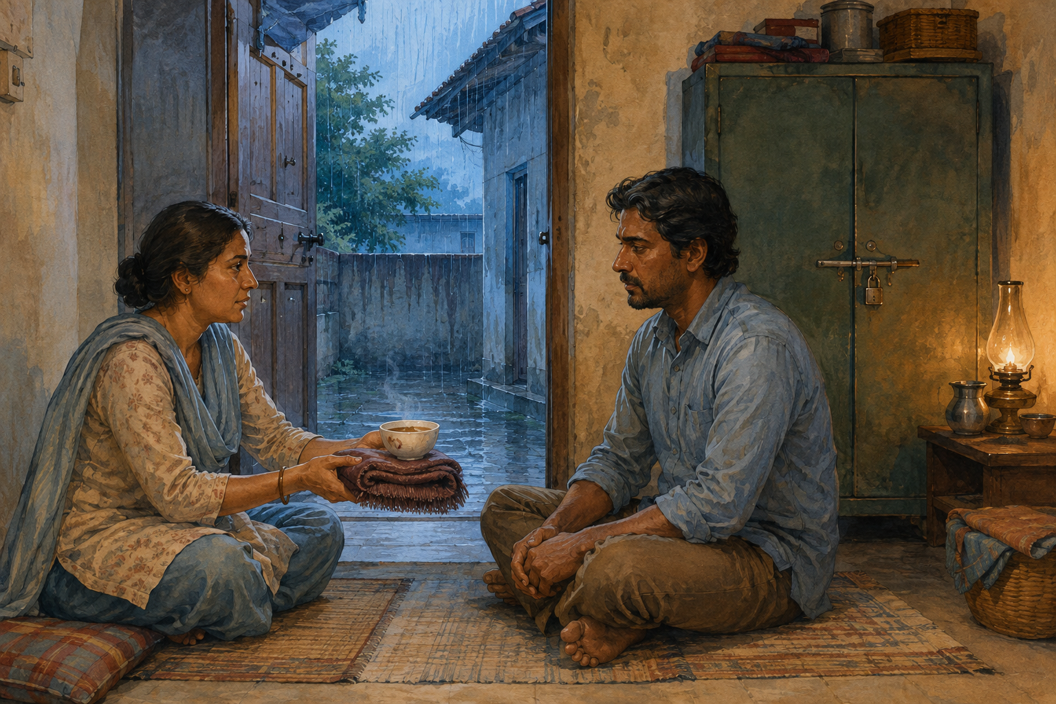 Two adults sit at equal eye level near an open doorway as one freely offers the other a bowl and folded shawl.