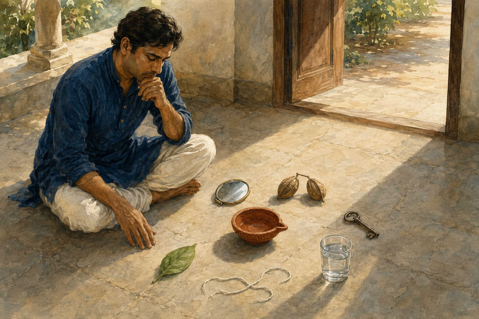 A seated person considers six natural objects arranged around a clay lamp on a sunlit stone veranda.