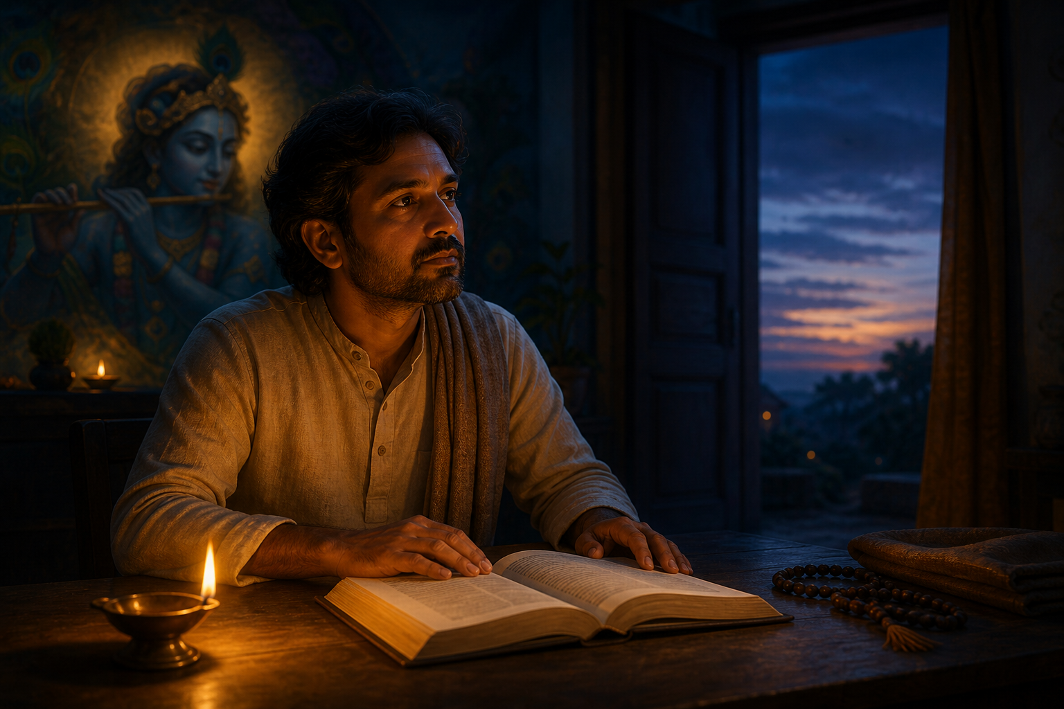 A devotee pauses thoughtfully beside an open sacred book while an oil lamp and a softly lit Krishna image illuminate the dark room.