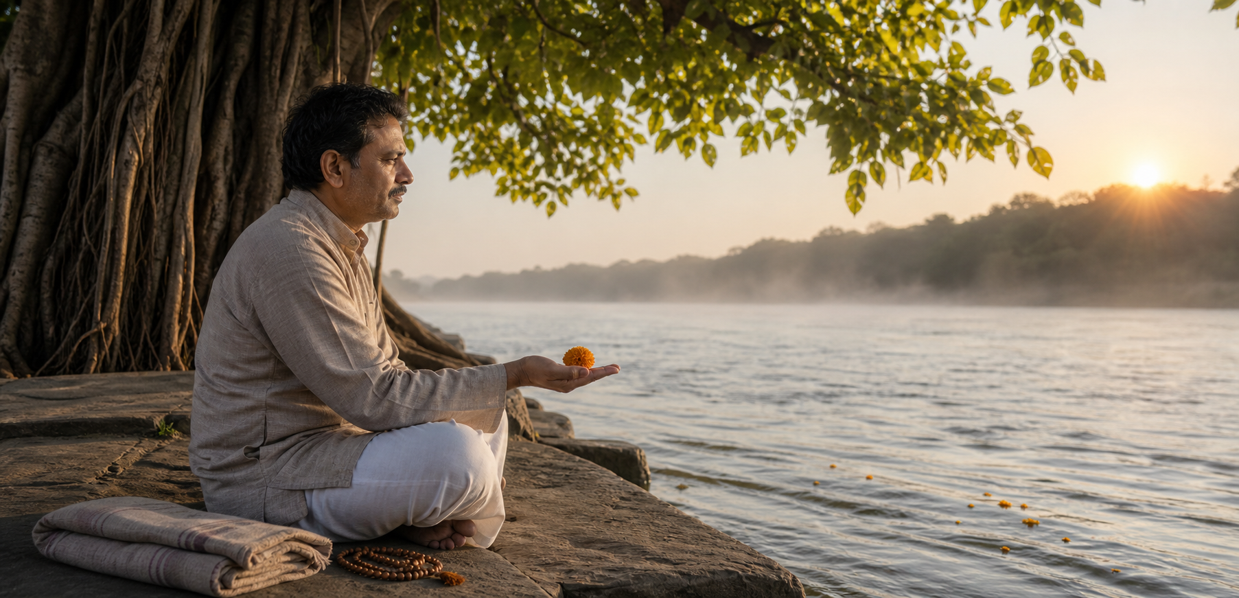 An Indian adult sits beneath a banyan tree at sunrise, holding a dried marigold beside a flowing river.