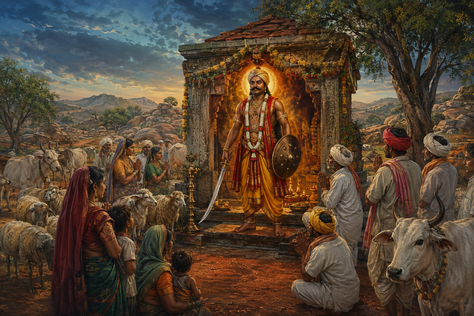 Illustration of a guardian figure at a rural Karnataka shrine surrounded by pastoral families, cattle, and sheep in a red-earth landscape.