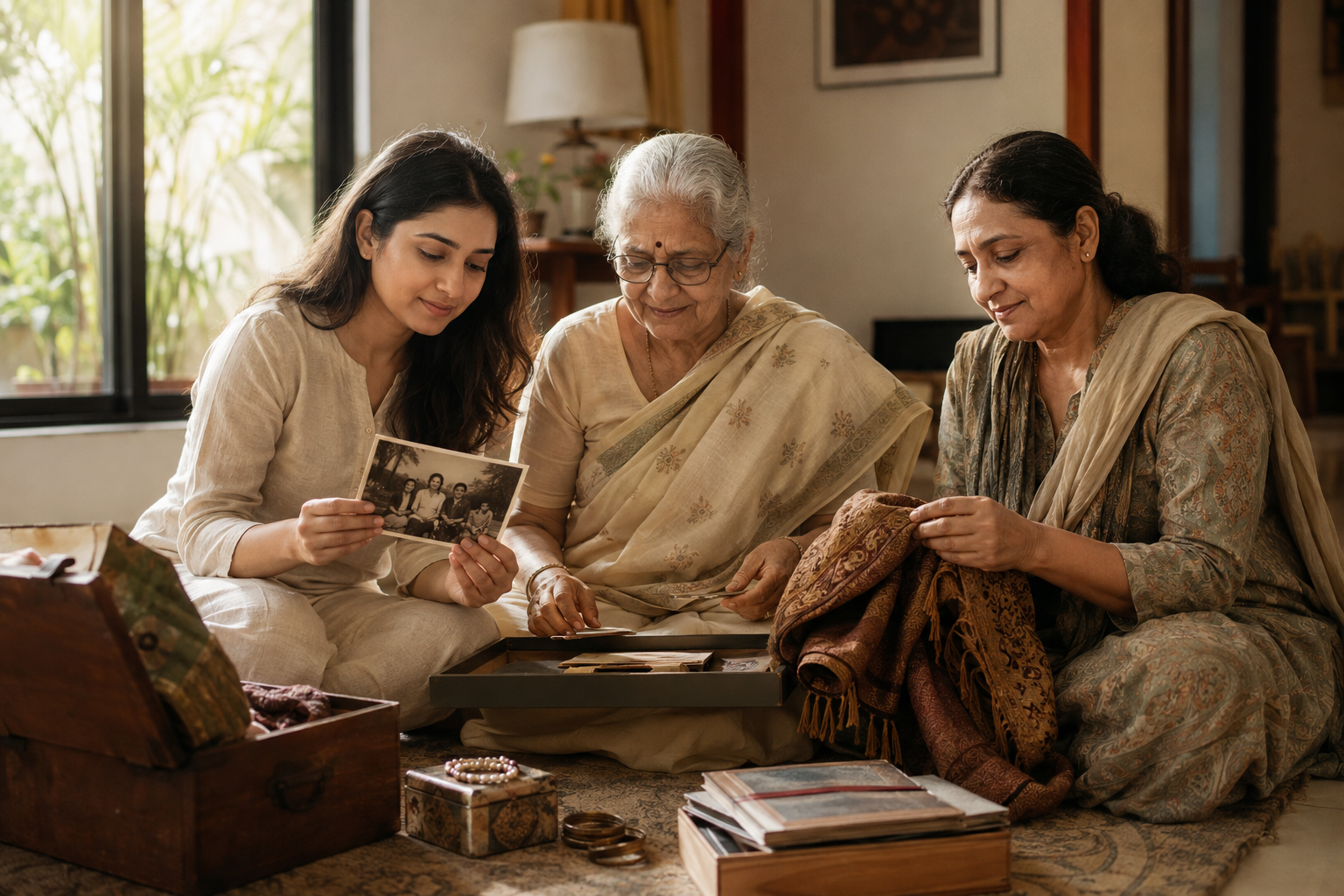 Three generations of an Indian family sit together in a sunlit room while looking through photographs and folding a keepsake shawl.