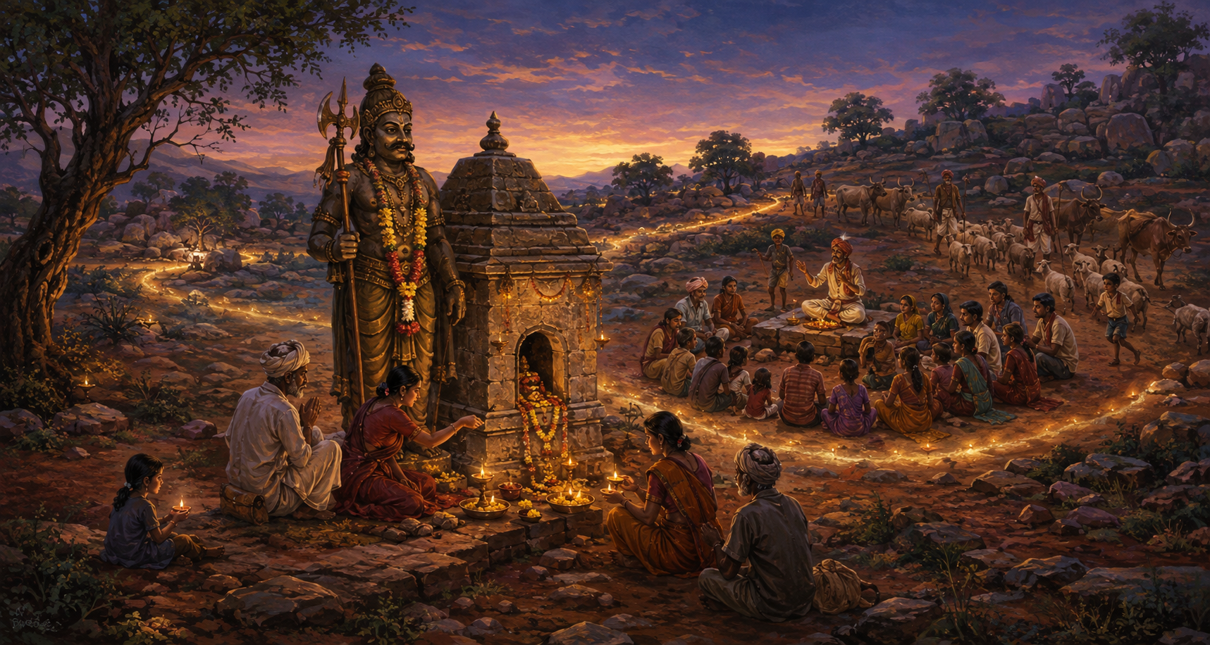 A guardian beside a village shrine overlooks worshippers, a community storyteller, and pastoral families with livestock in one continuous Karnataka landscape.