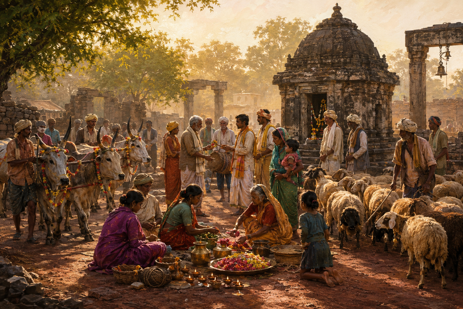 Golla and Kuruba families gather with cattle and sheep in the courtyard of a rural Karnataka shrine while preparing lamps, flowers, and drums.