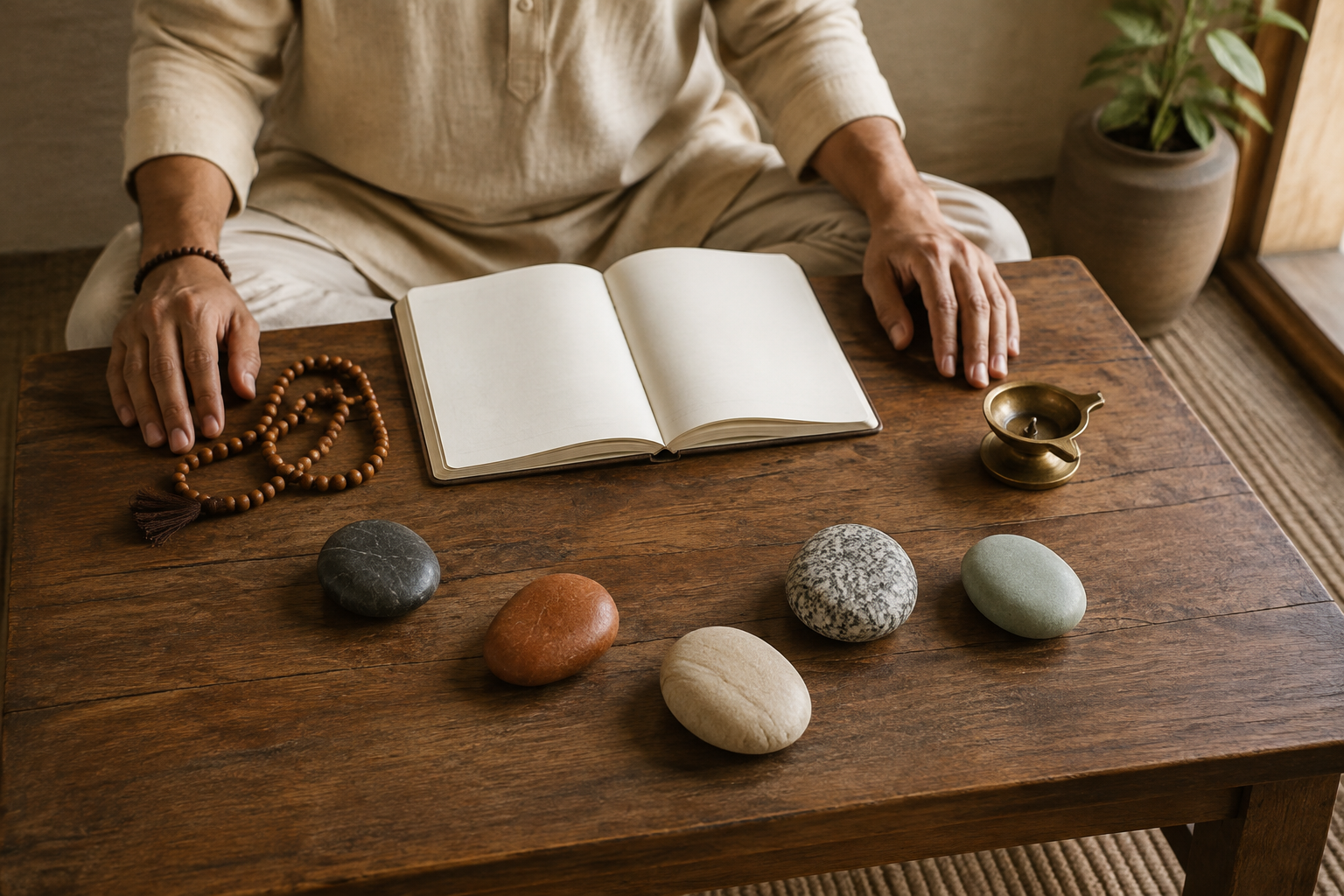 A seated person reflects beside five river stones, a blank journal, wooden prayer beads, and a brass oil lamp.