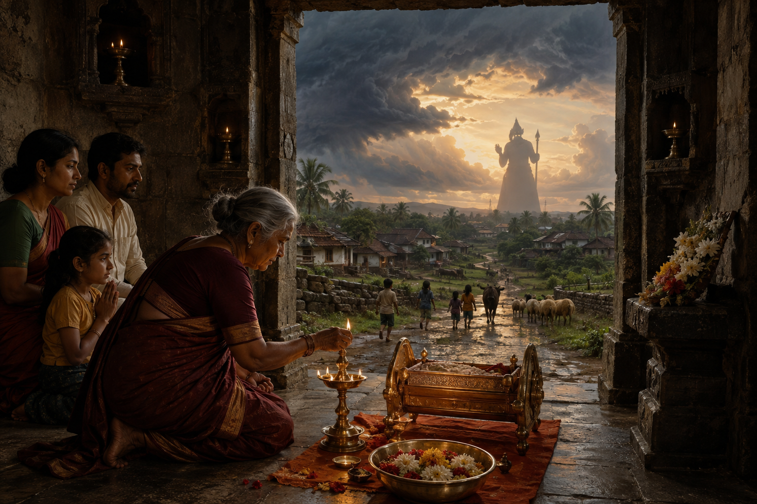An elder woman lights an oil lamp inside a village shrine as a guardian silhouette watches over families, homes, and livestock beneath a clearing storm.