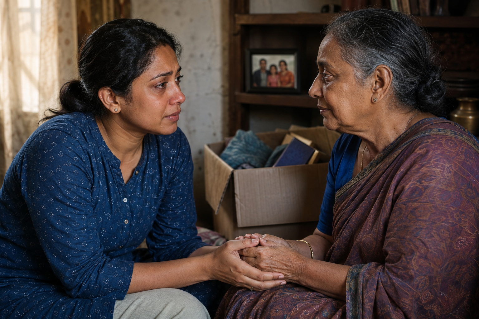 A tearful Indian adult holds an older relative's hand beside a partly packed box of personal belongings.