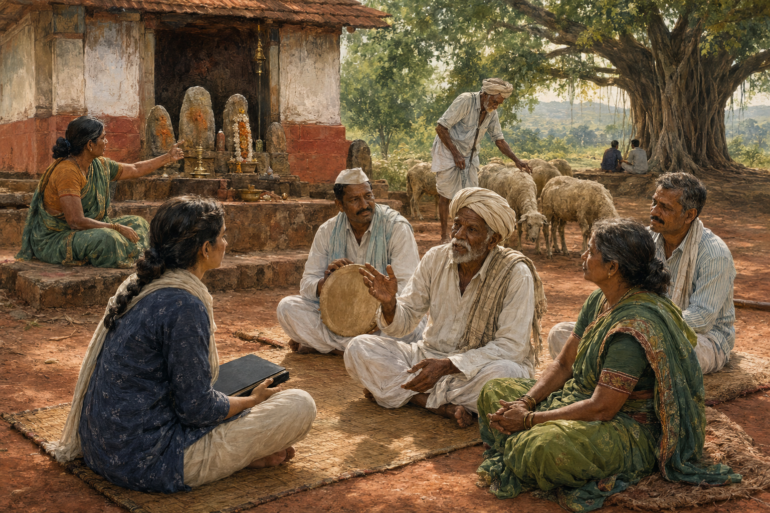 A young visitor listens to an elder storyteller beside a Karnataka shrine while community members share ritual, musical, and pastoral knowledge.