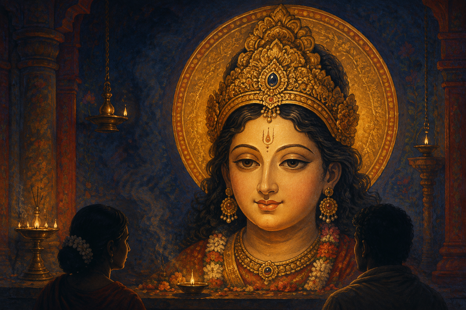 Visitors look toward a serene divine face framed by hair, a gold crown, forehead ornament, and a circular aureole in a lamplit shrine.