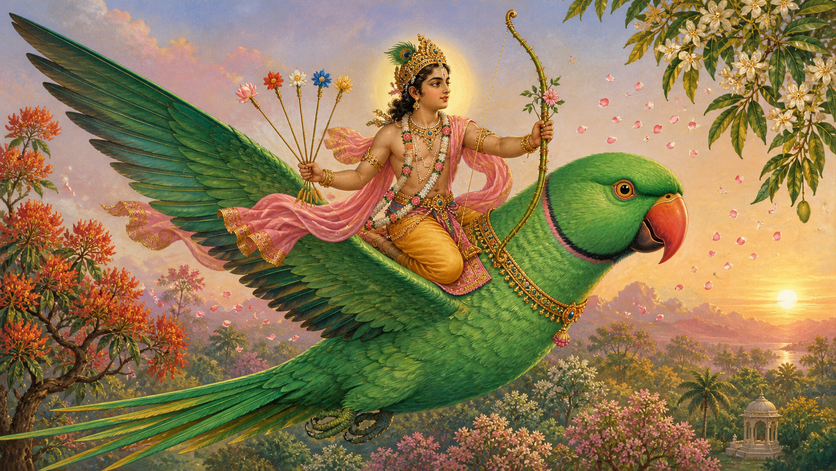 Kamadeva flies above a spring garden on a large green parrot while carrying a sugarcane bow and flower-tipped arrows.