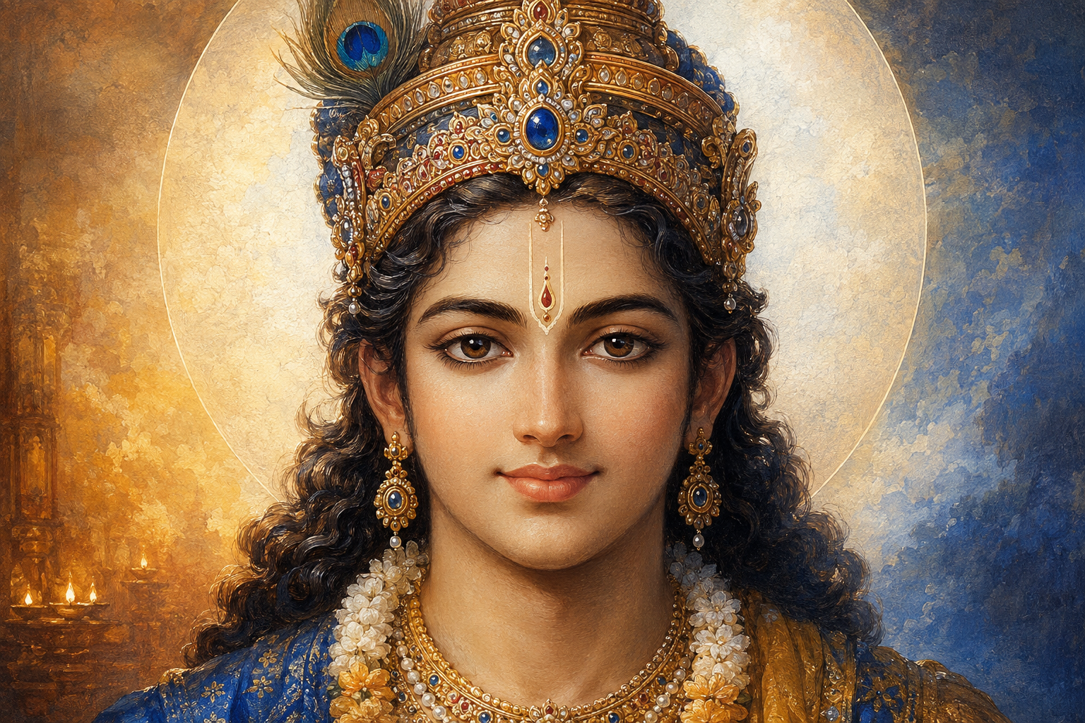 Close-up of a calm divine figure with a forehead mark, dark hair, jeweled crown, and separate circular radiance behind the head.
