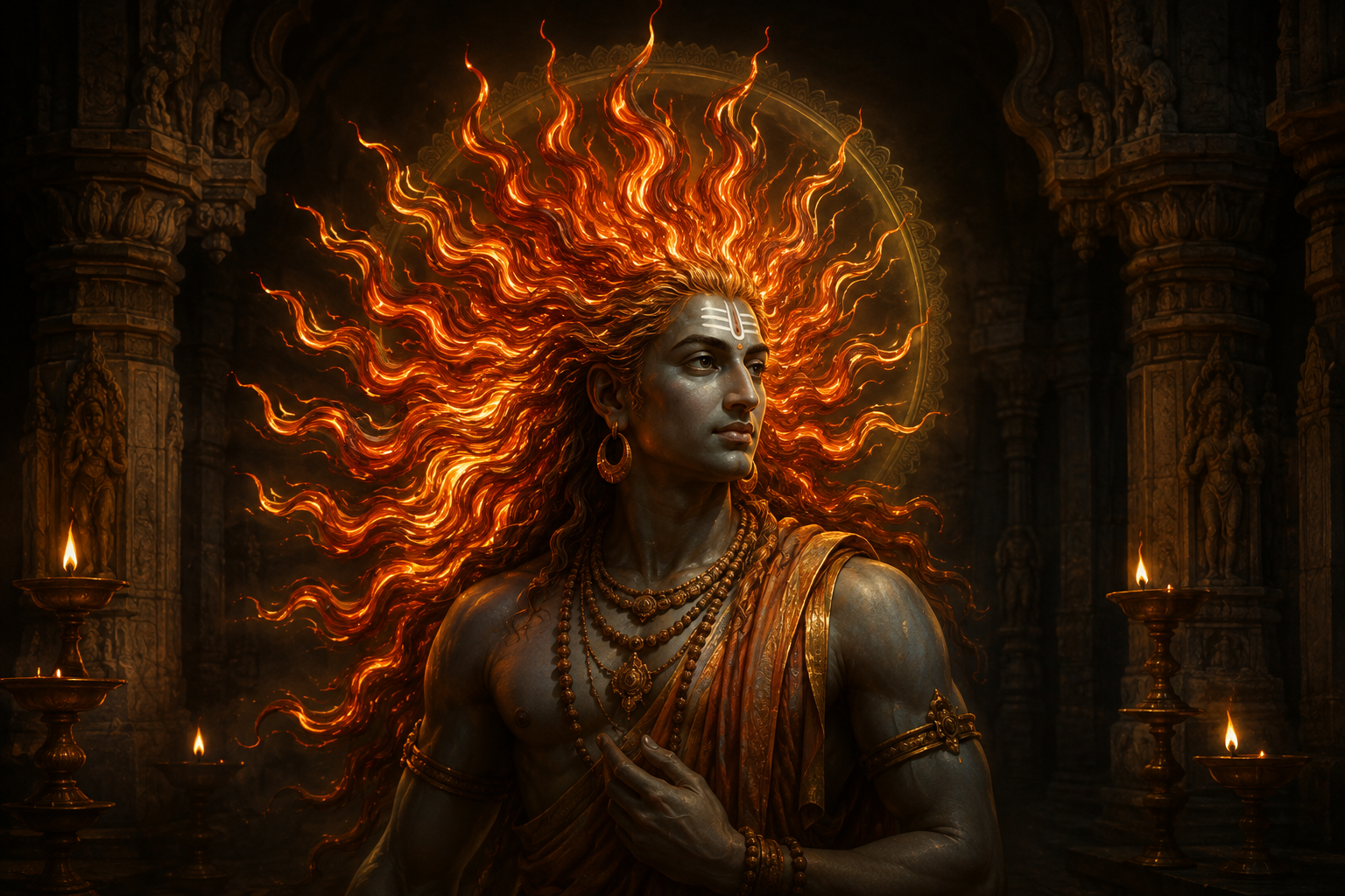 A composed divine figure has red-gold flame-shaped locks rising from the hairline inside a dark stone sanctum.