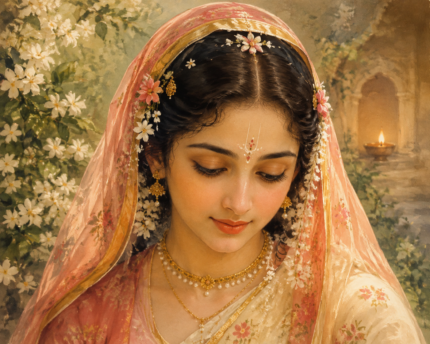 Sri Radha is shown in a close devotional portrait with a delicate forehead adornment, dark hair, a translucent veil, flowers, and gold jewelry.