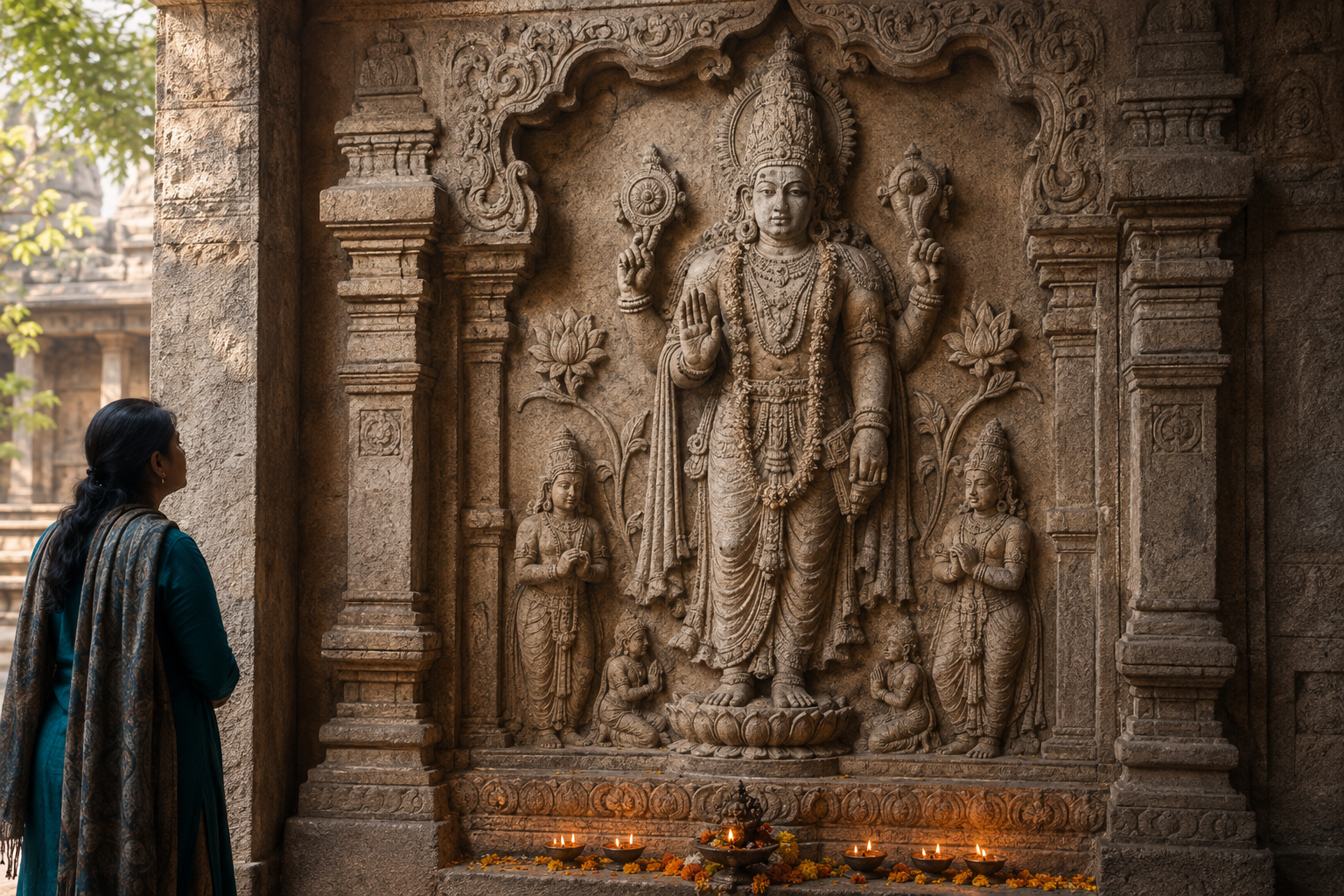 A visitor examines a full temple relief in which a crowned divine figure is surrounded by attendants, lotus motifs, garlands, carved architecture, and oil lamps.