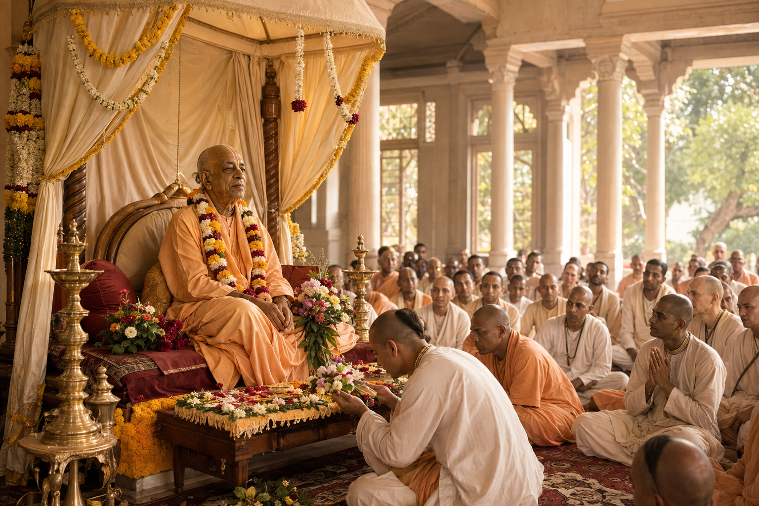 Srila Prabhupada sits on a flower-adorned ceremonial seat while devotees gather for a Vyasa Puja observance in a temple hall.