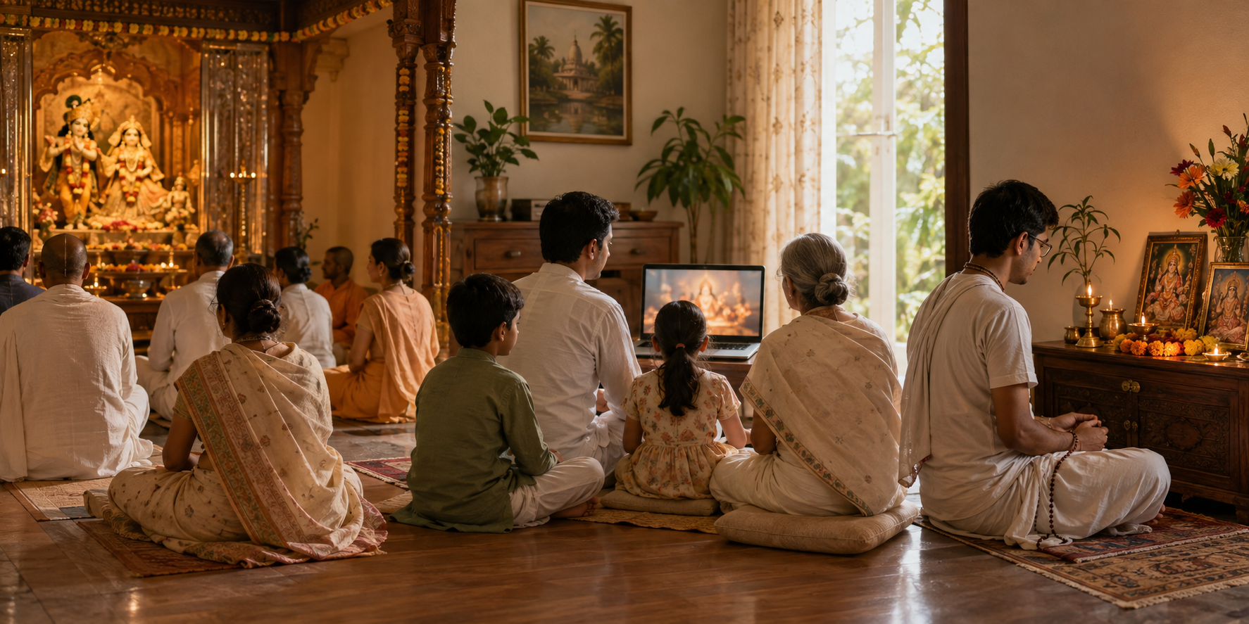 Devotees participate in a holy-day observance at a temple, with family at home online, and through quiet personal worship.