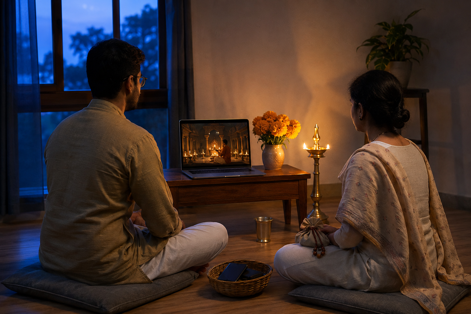 Two devotees sit attentively before a laptop showing a temple ceremony in a quiet room prepared with flowers and a brass lamp.